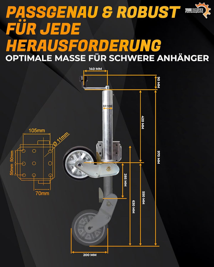 The Drive | Anhänger Stützrad 500KG | vollautomatik | Ø 60mm Rohr mit Anbauflansch | Schwerlast mit