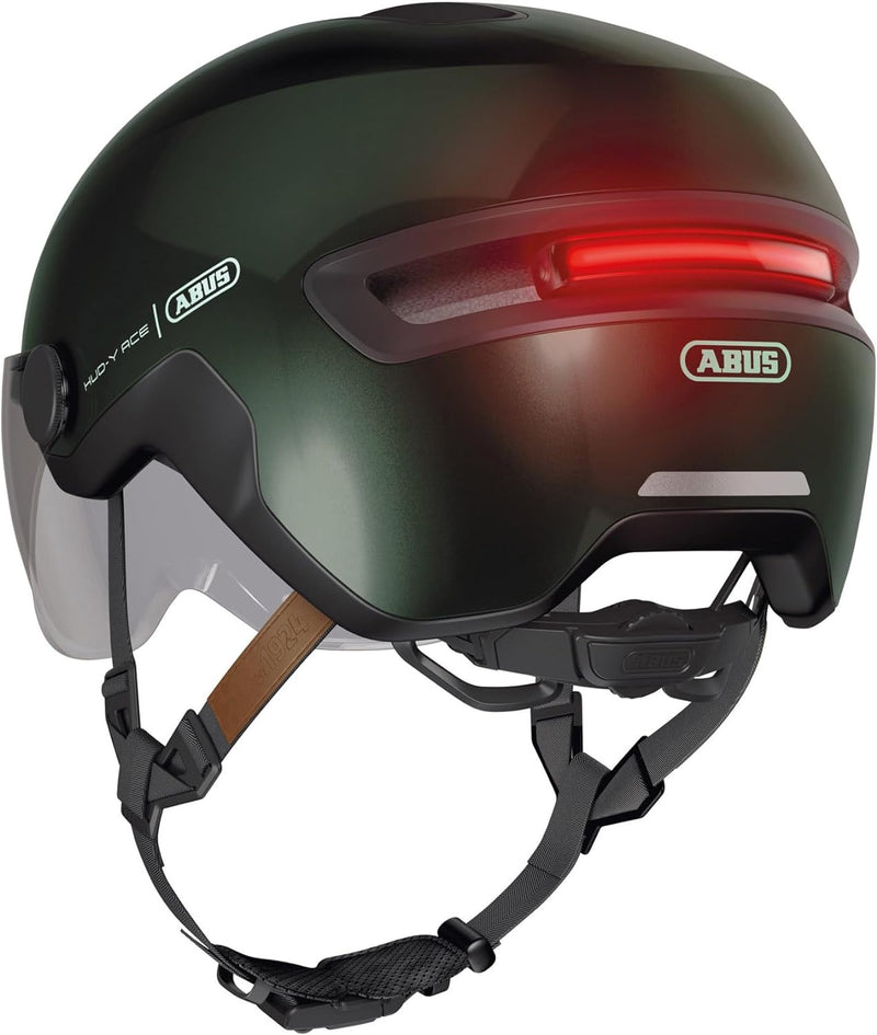 ABUS Stadthelm HUD-Y ACE - stylischer Fahrradhelm mit Visier und magnetischem, aufladbarem LED-Rückl