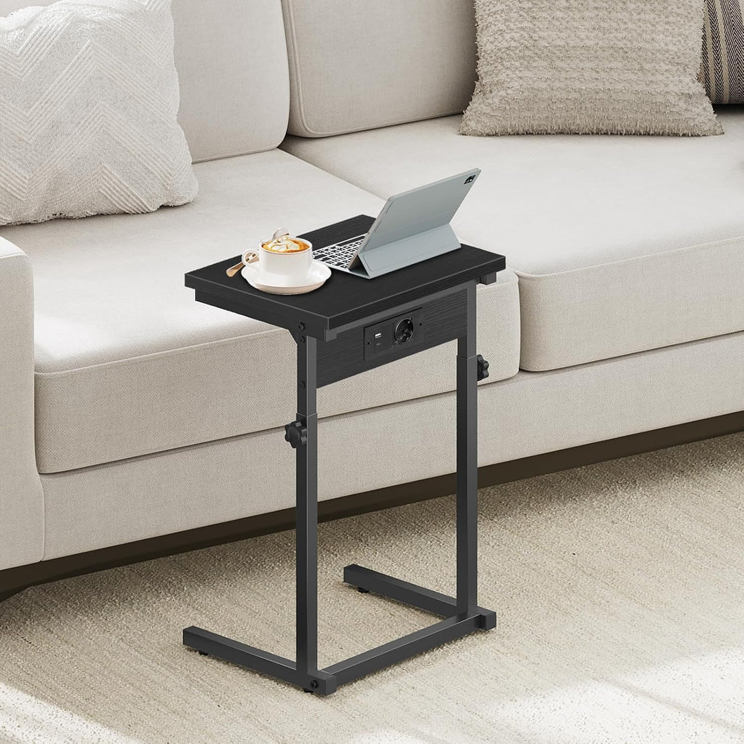 HOOBRO C-Form Beistelltisch mit Ladestation, höhenverstellbarer Beistelltisch mit Steckdose, Sofatis