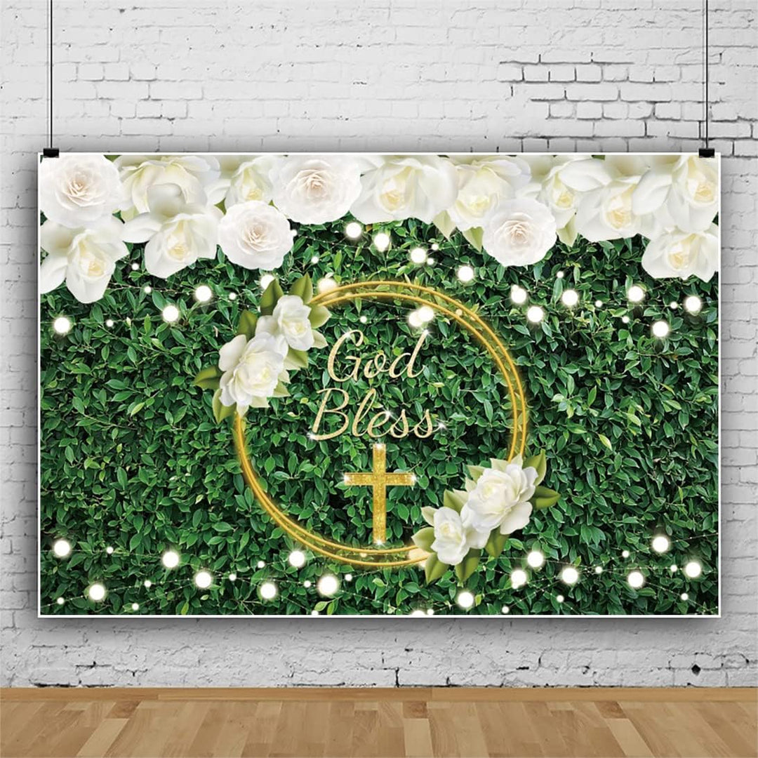 Renaiss 2.2x1.5m Gott segne Hintergrund Erstkommunion Party Dekoration Banner grüne Blätter weisse B