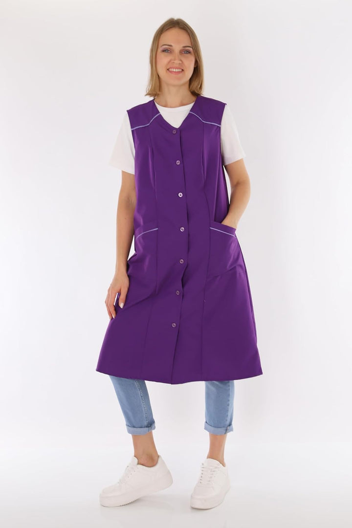 Damenkittel ohne Arm Kochschürze Kittel Schürze Knopfkittel einfarbig Hauskleid 38 Lila, 38 Lila