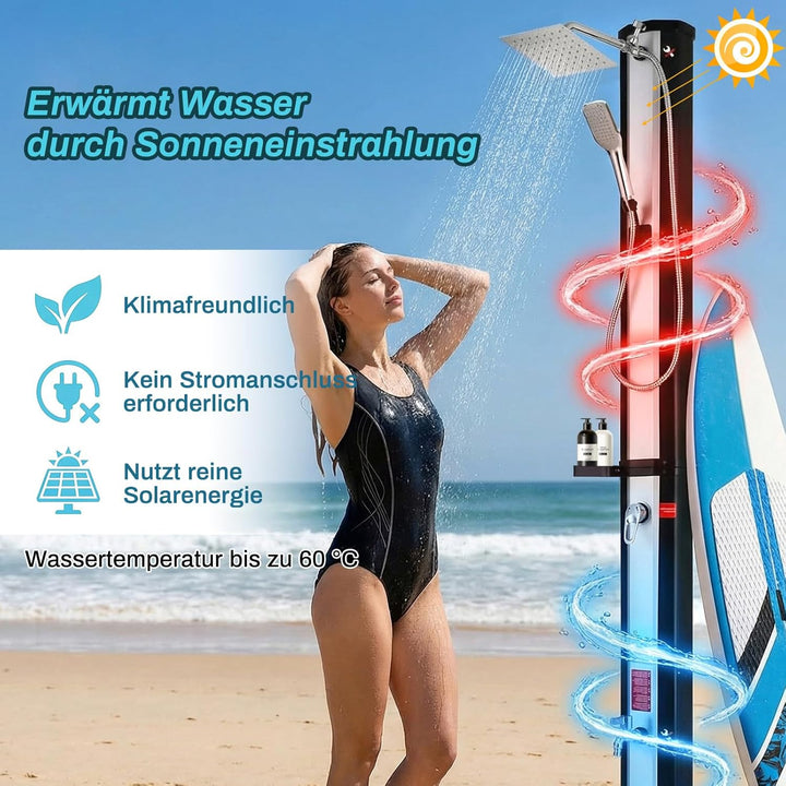 Solardusche, Solar Gartendusche 60 Liter inkl. Handbrause, 360° Duschkopf, Fussdusche, Gartenschlauc