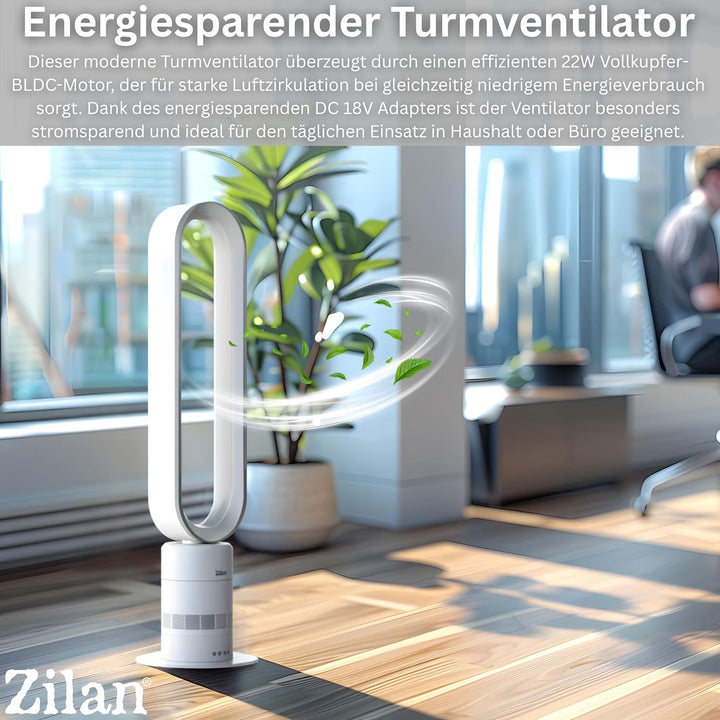 Zilan Turmventilator leise mit Fernbedienung – energiesparender BLDC Motor Standventilator mit Kühlu
