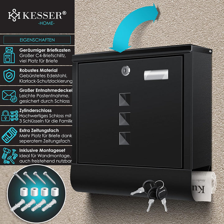 KESSER® Briefkasten Edelstahl mit Zeitungsfach Namensschild, Sichtfenster, gebürstet, 3X Schlüssel a