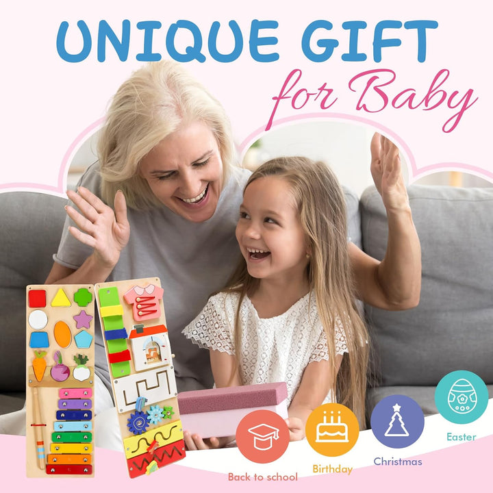 Montessori Spielzeug Busy Board ab 1 Jahr, Activity Board Baby Motorikbrett aus Holz, Reisespielzeug