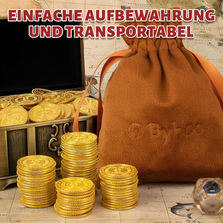 Byhoo 100 PCS Metall Goldmünzen, DND Piratenmünzen, Stress Relief Tool, mit Samt Kordelzugbeutel für