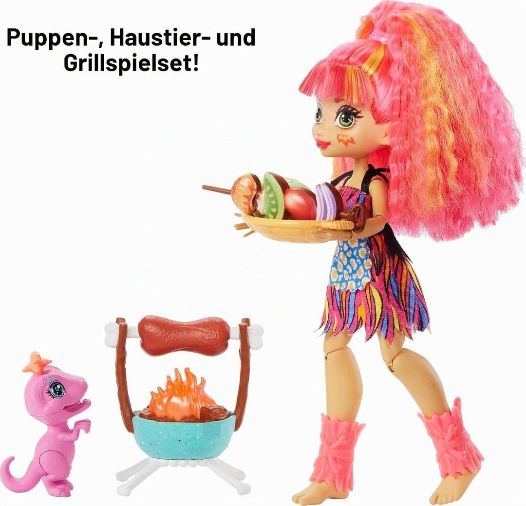 Mattel Cave Club GNL96 - Wilder Grillspass mit Emberly Spielset &amp; Puppe und Zubehörteilen, Reise in