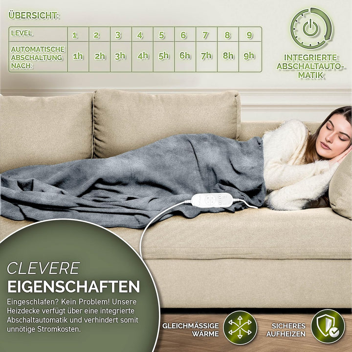 Heizdecke aus Plüsch 200 x 180 cm | elektrische Wärmedecke mit Abschaltautomatik | Kuscheldecke | Ti