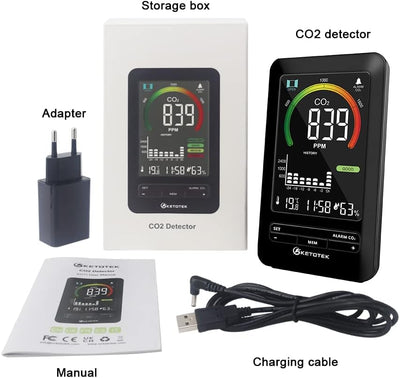 KETOTEK CO2 Messgerät, CO2 Melder Raumluft, Luftqualität Messgerät mit Alarm und Lüftungsempfehlunge