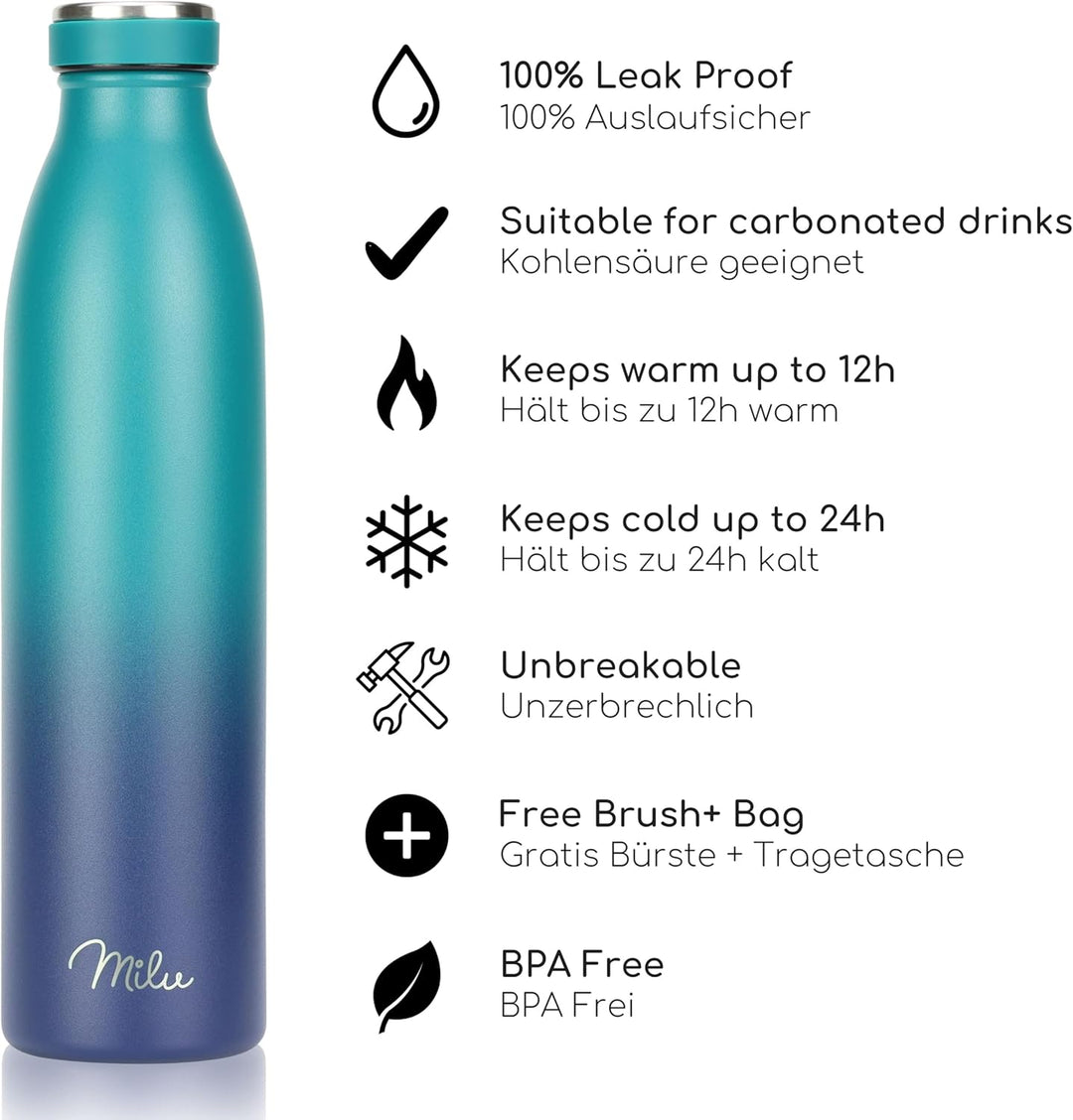 Milu Edelstahl Trinkflasche 350ml, 500ml, 750ml, 1L, 1,5L – Thermosflasche für Kinder Erwachsene aus