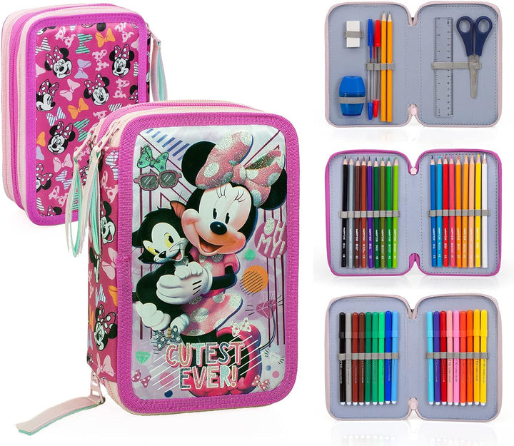 L'ERBAVOGLIO Federmäppchen für Schule, 3 Reissverschluss, komplett mit 44 Stück, Minnie (Rosa/Fuchsi