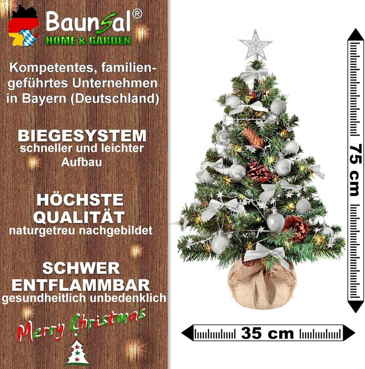Weihnachtsbaum künstlich (WBD) 75 cm grün mit Weihnachtsdeko Silber und Led Lichterkette mit Batteri