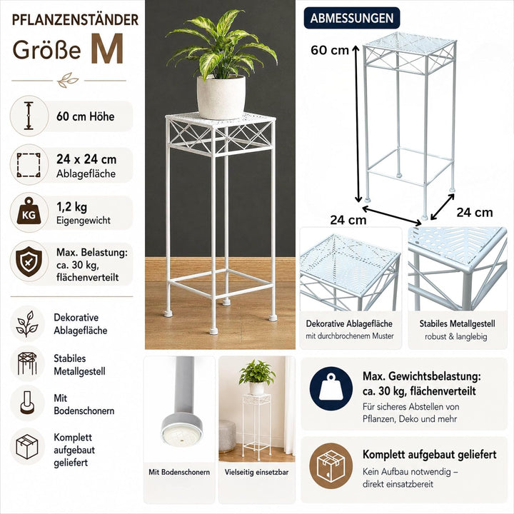 DanDiBo Blumenhocker Weiss Metall Eckig 70-50 cm Blumenständer 96314 Beistelltisch Blumensäule Moder