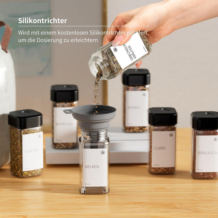 Miorkly 24 Gewürzgläser Eckig mit Drehdeckel,Gewürzstreuer Glas 120 ml - Gewürzdosen Set Starke Vers