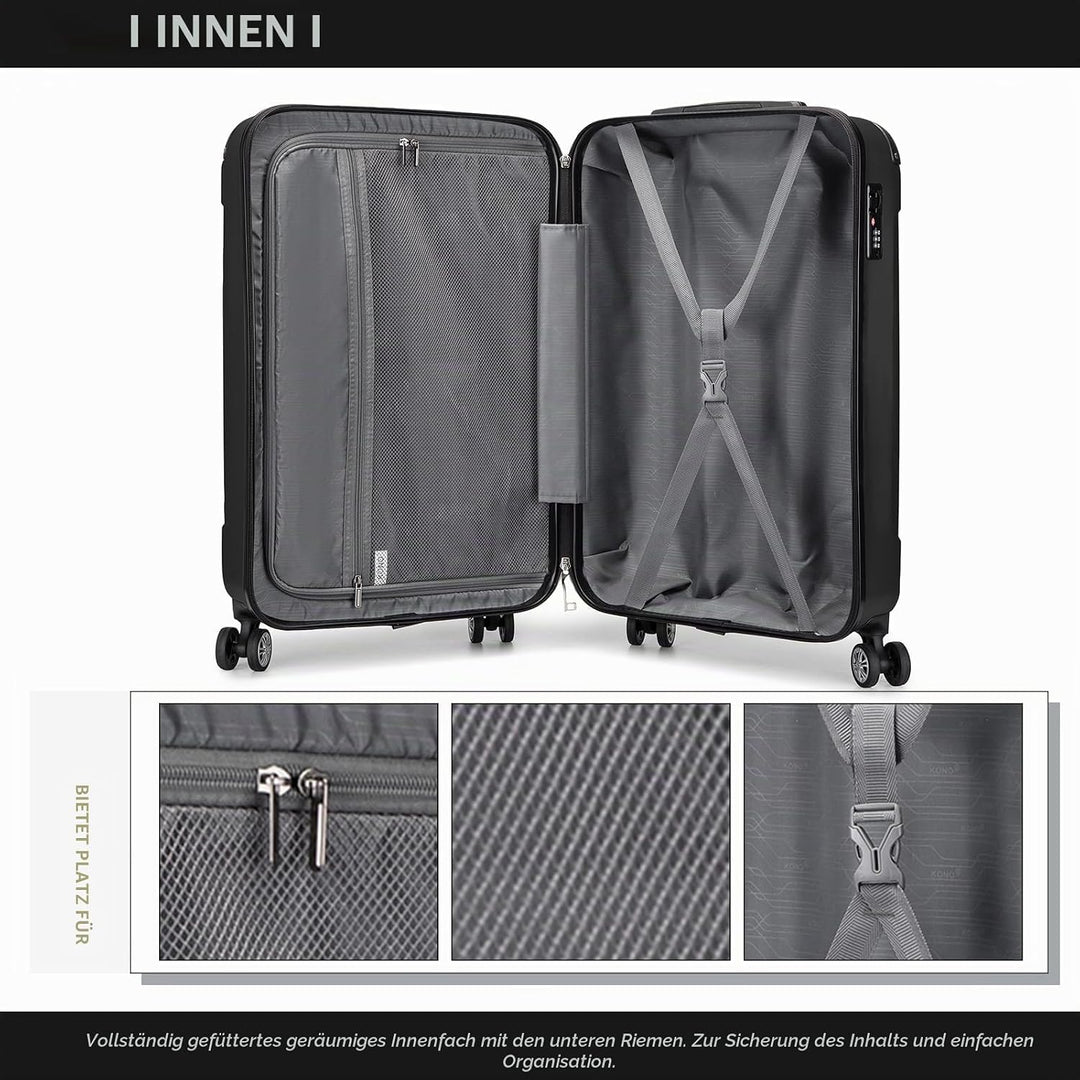 KONO Trolley Handgepäck Koffer 55x35x20cm Rollkoffer Reisekoffer mit 4 Rollen und Schloss (Schwarz),