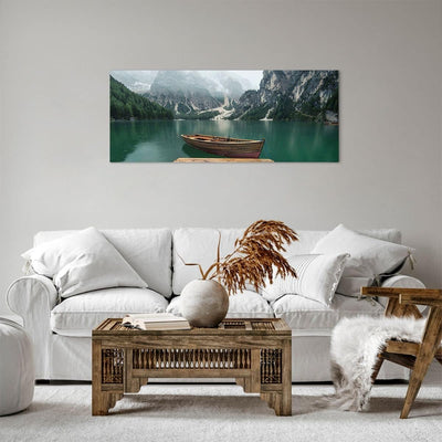 Panorama Bilder auf Leinwand 100x40cm Leinwandbild mit Rahmen Berge See Boot Gross Wanddeko Bild Sch