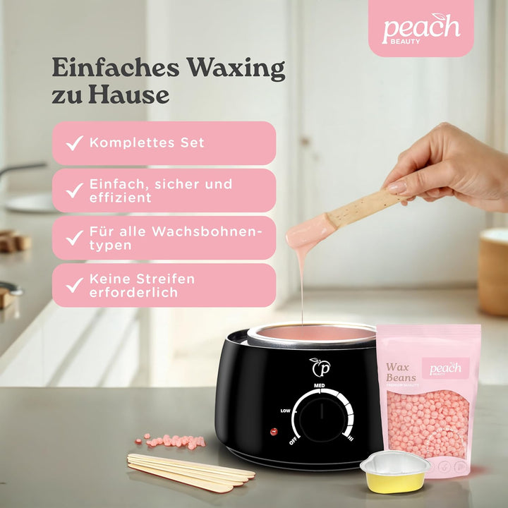 Wachswärmer | Waxing Set mit 100g Wachsperlen für Haarentfernung + 10 Spatel aus Holz + Aluminium-Wa
