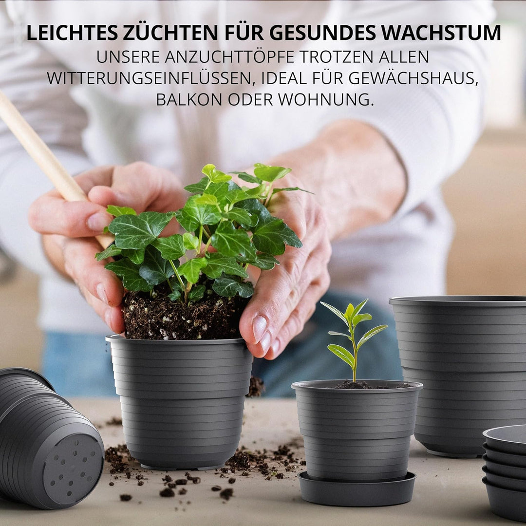 Anzuchttöpfe 8 cm Durchmesser 100 Stück mit Untersetzer 7 cm Farbe Anthrazit Kunststoff Pflanztopf a