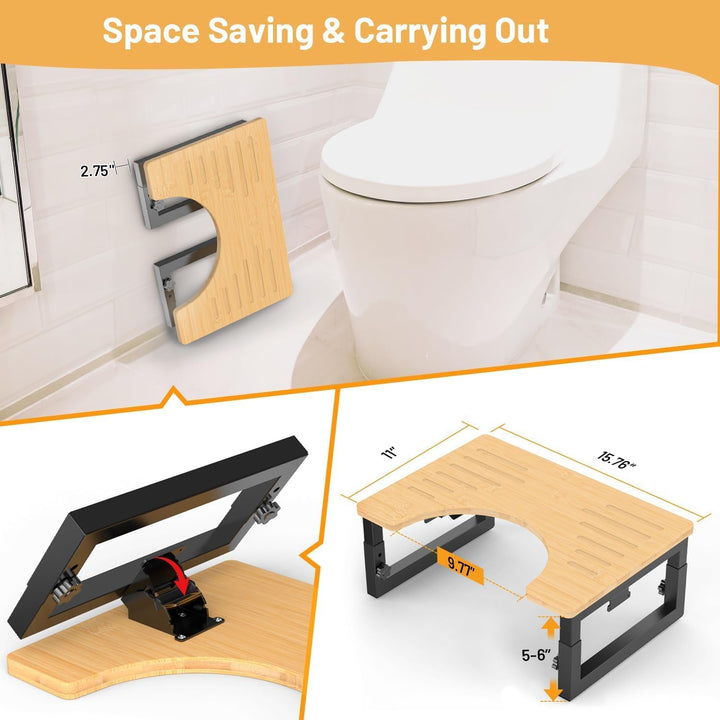 Toilet Stool Squat Adult Foldable WC Hocker Metal Leg & Bamboo Surface Height Adjustable Bamboo Dura