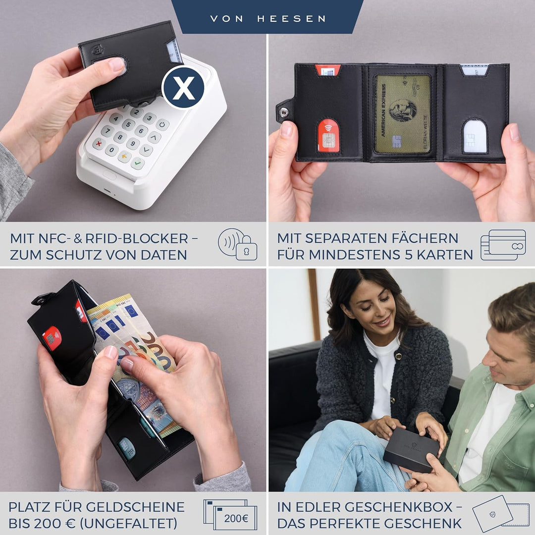 VON HEESEN Slim Wallet mit XL Münzfach & RFID Schutz - Leder Geldbörse Herren klein - Mini Geldbeute