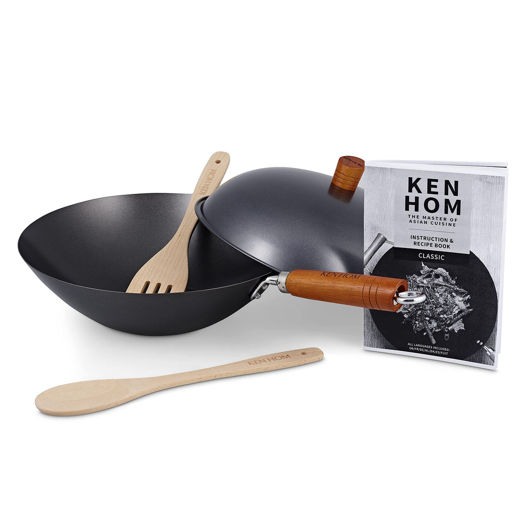 Ken Hom KH331051 Carbonstahl Wokpfanne Set, 31cm, Classic, Nicht-Induktion/Holzgriff/Pfanne mit Flac