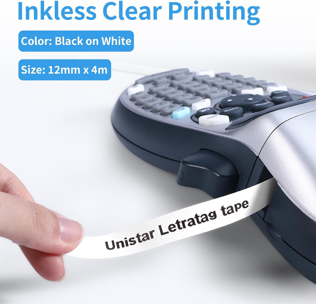 Uni Star Schriftband, kompatibel mit Dymo LetraTag Etikettendrucker, 12 mm x 4 m, kompatibel mit Dym