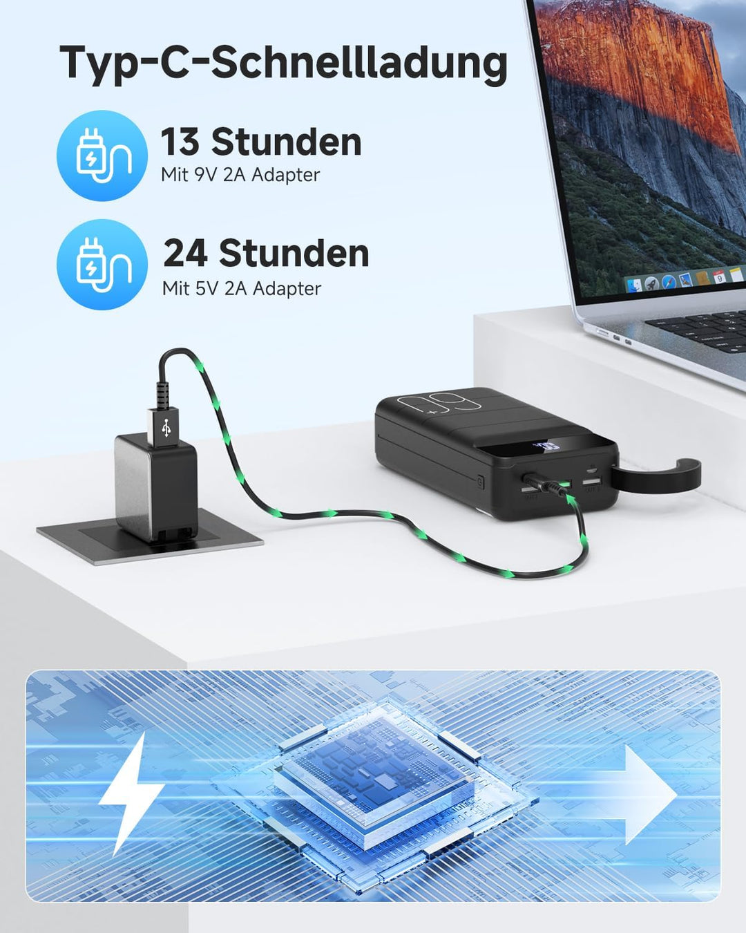 60000mAh Power Bank, 22,5W Powerbank USB-C Schnellladefunktion Externe Akku mit 4 Ausgänge und 2 Ein