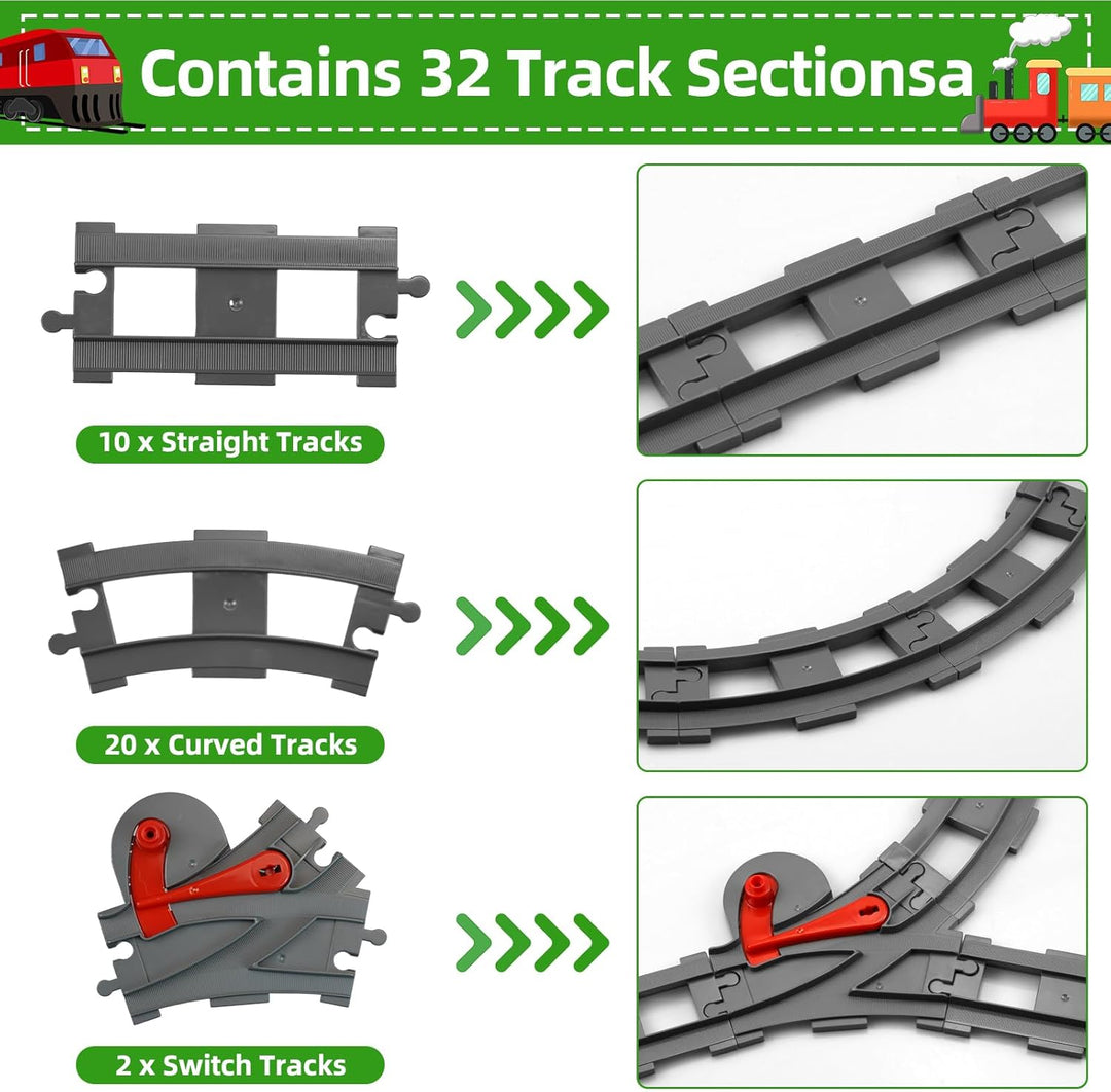 Bausteine Zug Schienen Set,32 Stück City Zug Schienen,Spielzeug Eisenbahnschienen,Bestehend aus Cros