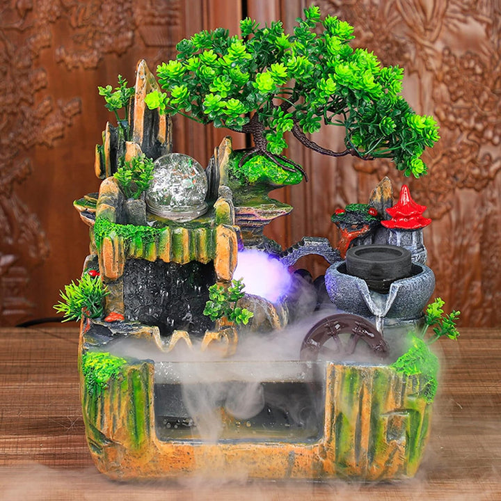 Zimmerbrunnen Wohnzimmer Wasserfall Tischbrunnen LED Desktop Bonsai Ornamente Grüne Pflanze Zimmerbr