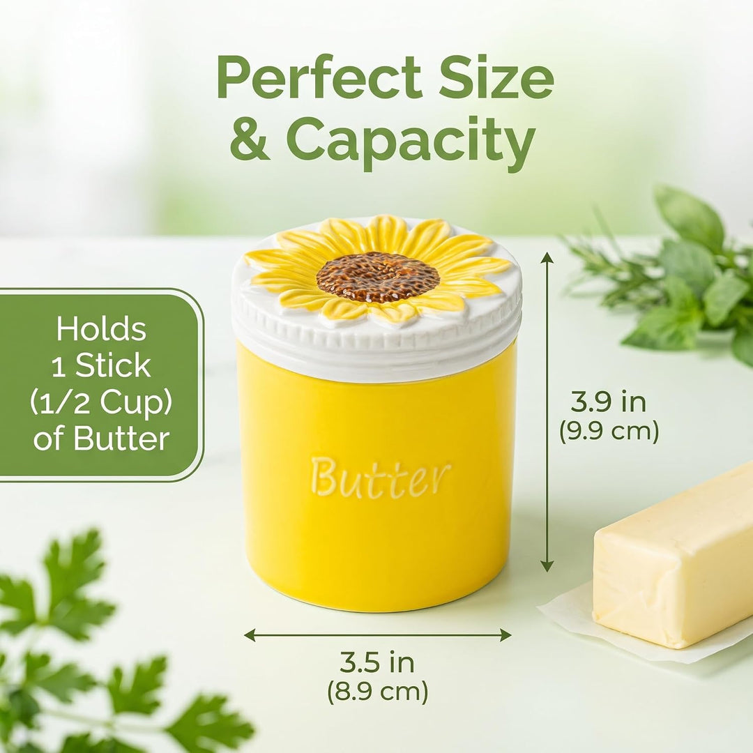 Butterdose mit Sonnenblumen-Motiv, französische Butterdose, Keramikbecher, Butterhalter mit Wasserli
