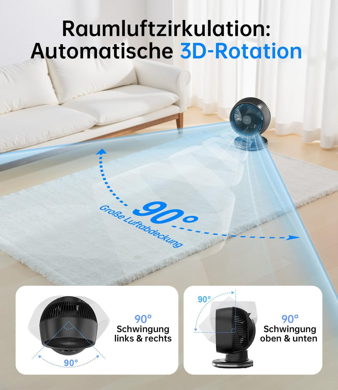 WIE 28dB Leiser Tischventilator, 4 Modi 12-Geschwindigkeit, 90°+90° Oszillation Ventilator, Luftzirk