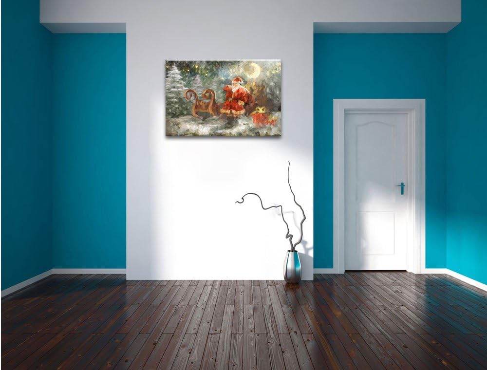 Pixxprint Weihnachtsmann mit Geschenken als Leinwandbild/Grösse: 100x70 cm/Wandbild/Kunstdruck/ferti