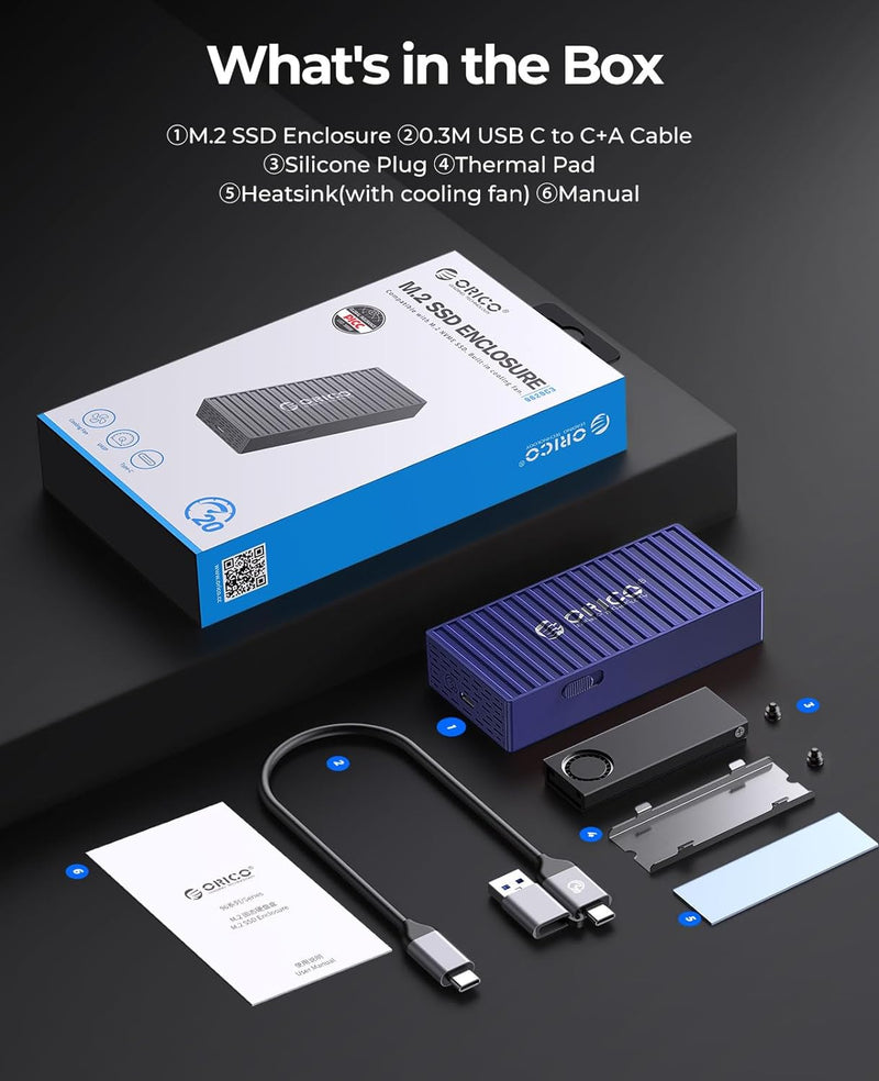 ORICO M.2 20Gbps NVME SSD Gehäuse, Werkzeugfreier USB3.2 Gen2x2 USB C Adapter Externer Case mit 2-in