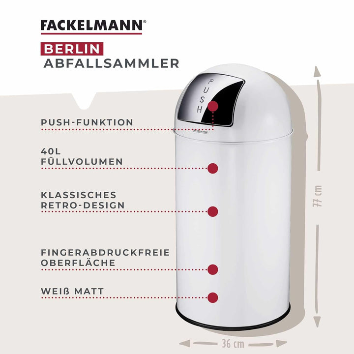 FACKELMANN BERLIN Push Abfallsammler 40L in Weiss – Klassisches Retro-Design, Grosses Fassungsvolume