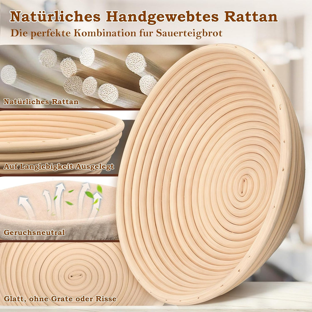 FIVAVA Gärkorb Brot Set, Gärkörbchen Rund 23cm,Brot Backen Zubehör Hochwertiges Rattan Mit Leinenbez