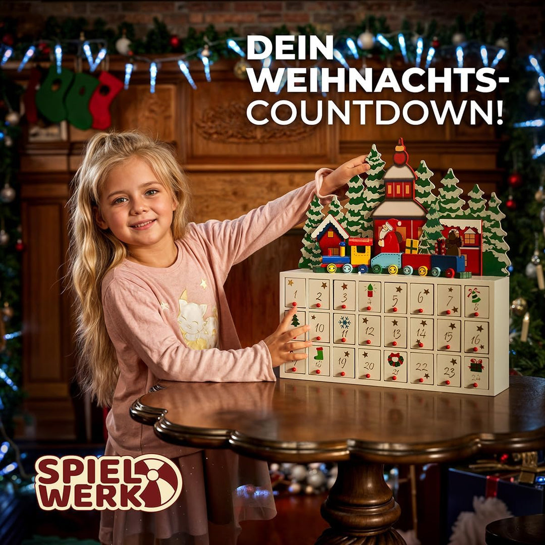 SPIELWERK® Adventskalender Winterlandschaft zum Befüllen wiederverwendbar 24 Türchen Bunt Bemalt Wei