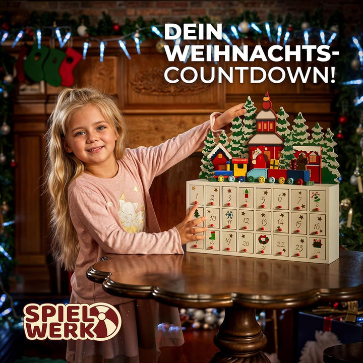 SPIELWERK® Adventskalender Winterlandschaft zum Befüllen wiederverwendbar 24 Türchen Bunt Bemalt Wei