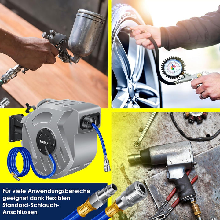 MASKO® 20m Druckluftschlauch Aufroller automatisch 1/4" Anschluss - Schlauchtrommel Wandschlauchhalt