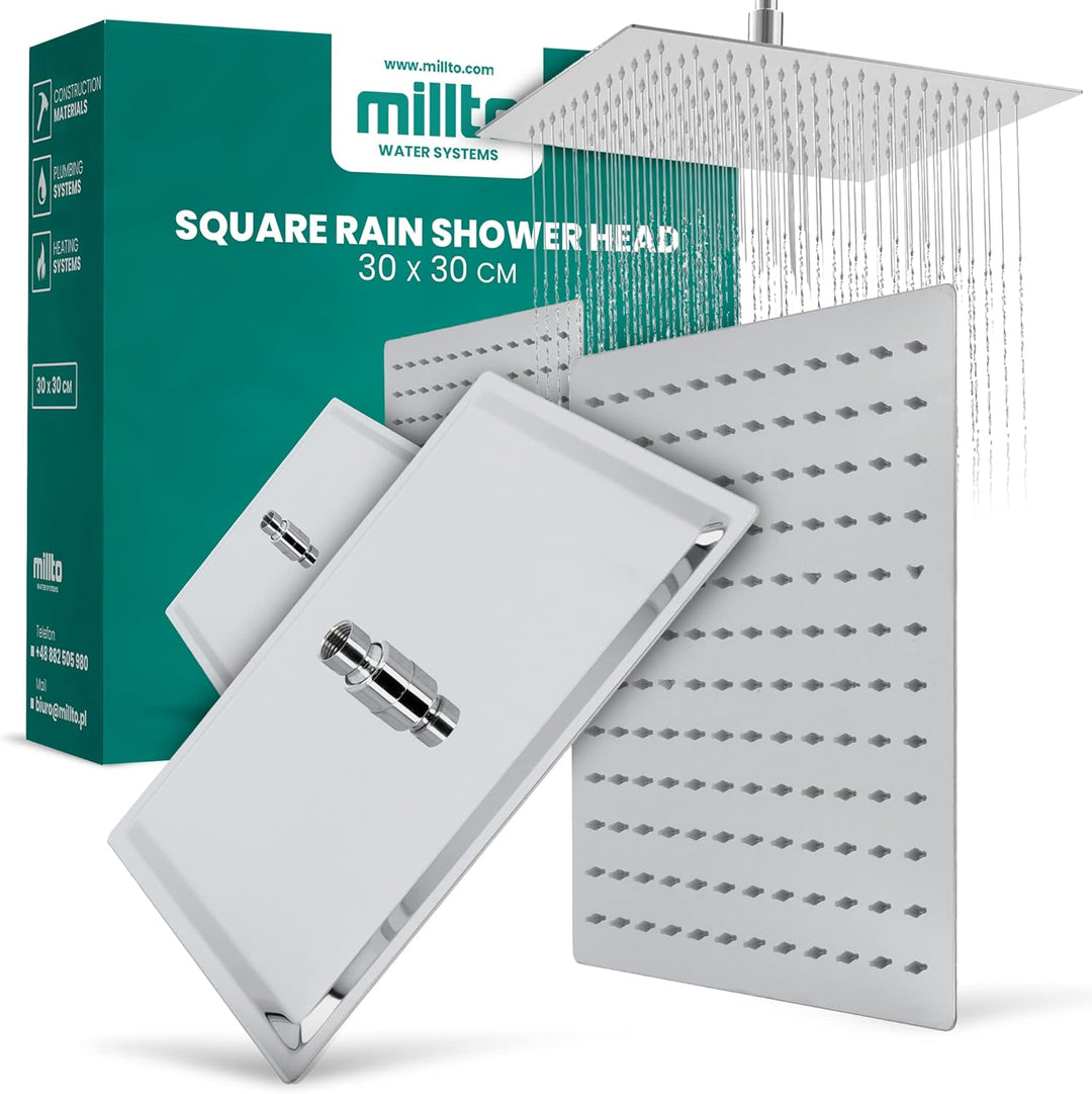 Millto™ Quadratische Edelstahl Duschkopf Regendusche 30x30 cm XXL | Regenduschkopf Gross 12 Zoll Bra