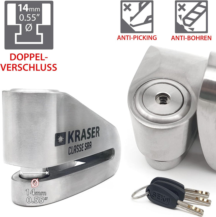 KRASER KR114S Bremsscheibenschloss mit SRA Zulassung, Motorrad Diebstahlsicherung, 14mm Doppelversch