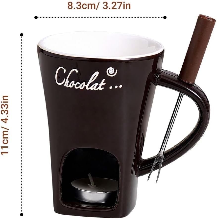 Generisch Schokofondue Tasse mit Gabel und Kerze, Tasse zum Schokolade Schmelzen, Keramik Schokolade