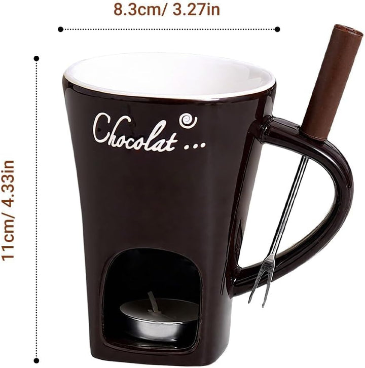 Generisch Schokofondue Tasse mit Gabel und Kerze, Tasse zum Schokolade Schmelzen, Keramik Schokolade