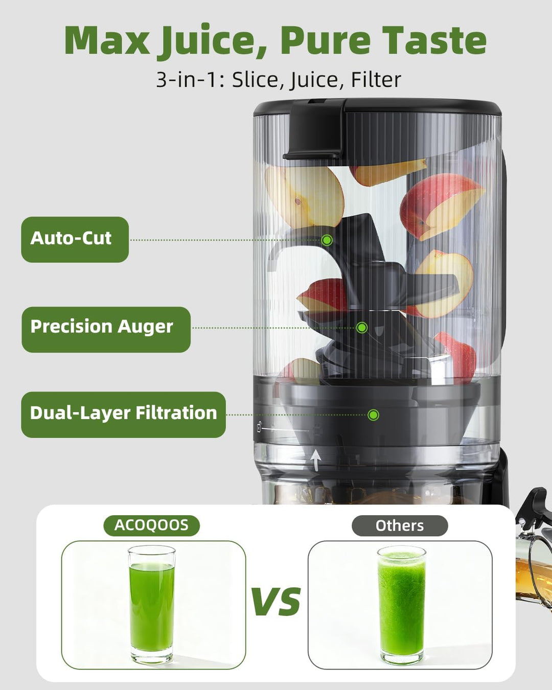 ACOQOOS Entsafter, Entsafter für Ganze Gemüse und Obst, 132mm, Breite und Grössere Fütterungsröhre,