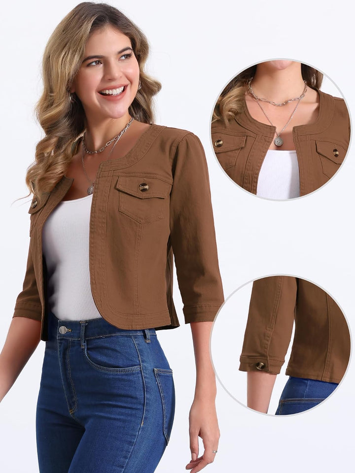 Allegra K Damen Jeansjacke 3/4 Ärmel Open Front Kragenlos Jacke mit Taschen XS Braun