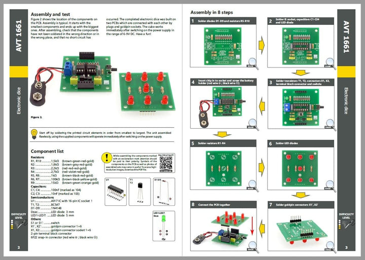AVT1661 KIT DIY Elektronischer Würfel, Spielwürfel, Elektronik-Bausatz zum Löten Lernen, Übungsplati