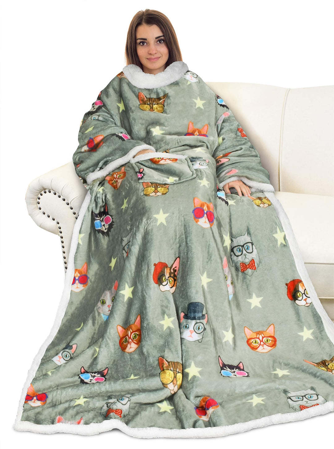 Catalonia Classy Decke mit Ärmeln als Geschenk für Frauen Herren, Flauschig Sherpa Kuscheldecke mit