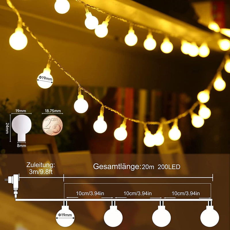 WOWDSGN Kugel Lichterkette, 200 LEDs Lichterkette 20m Dimmbar, Partylichterkette mit Stecker für Inn