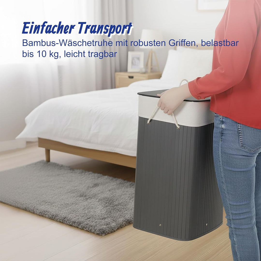 Relaxdays Wäschekorb mit Deckel, Bambus, 80 Liter, Faltbarer Wäschesammler, HxBxT: 60 x 40 x 30 cm,