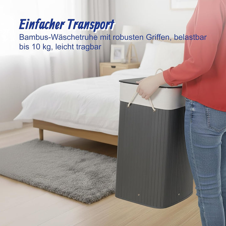 Relaxdays Wäschekorb mit Deckel, Bambus, 80 Liter, Faltbarer Wäschesammler, HxBxT: 60 x 40 x 30 cm,