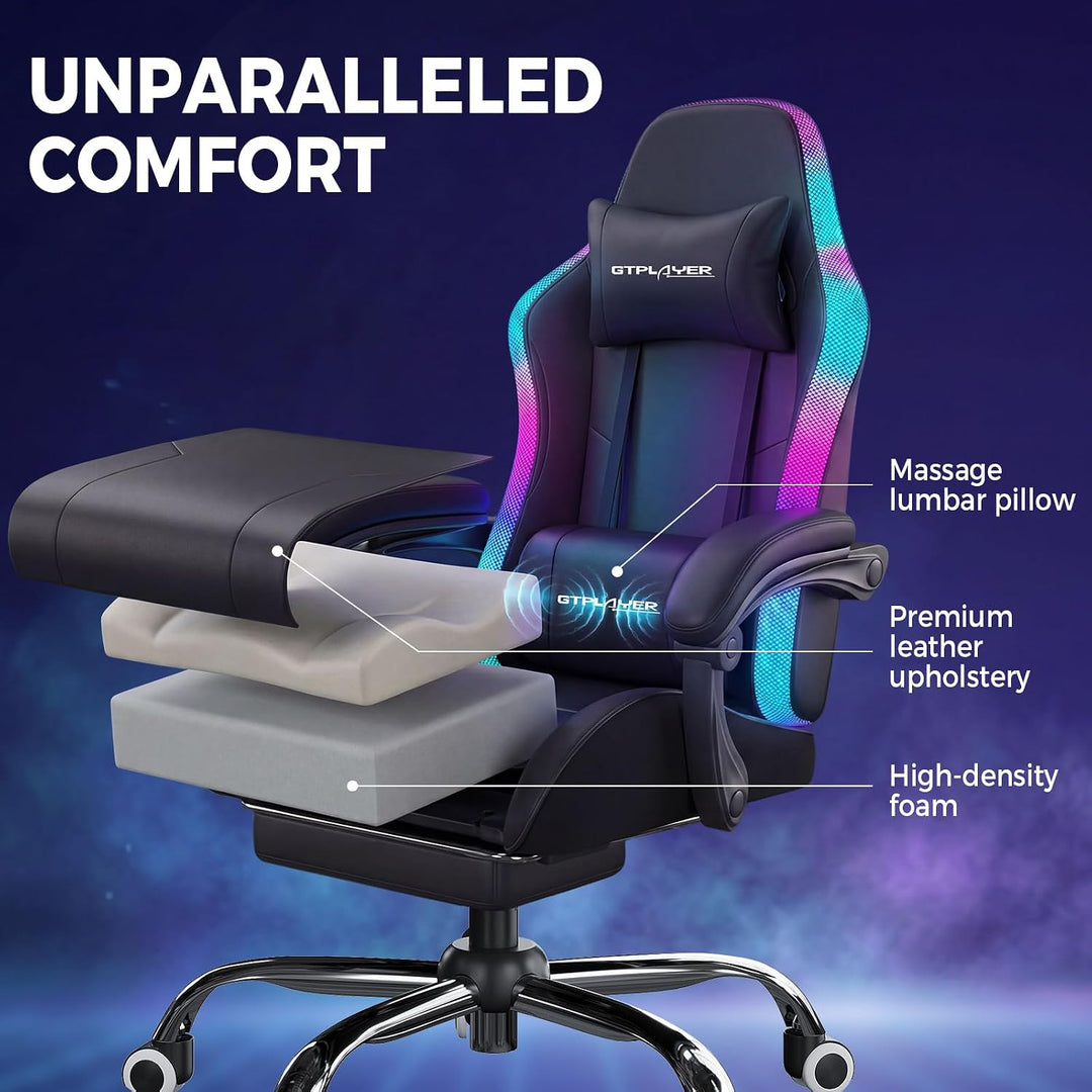GTPLAYER Gaming Stuhl, Bürostuhl, Gaming Chair mit LED Lichtleiste und Massgefunktion, Gamer Stuhl,